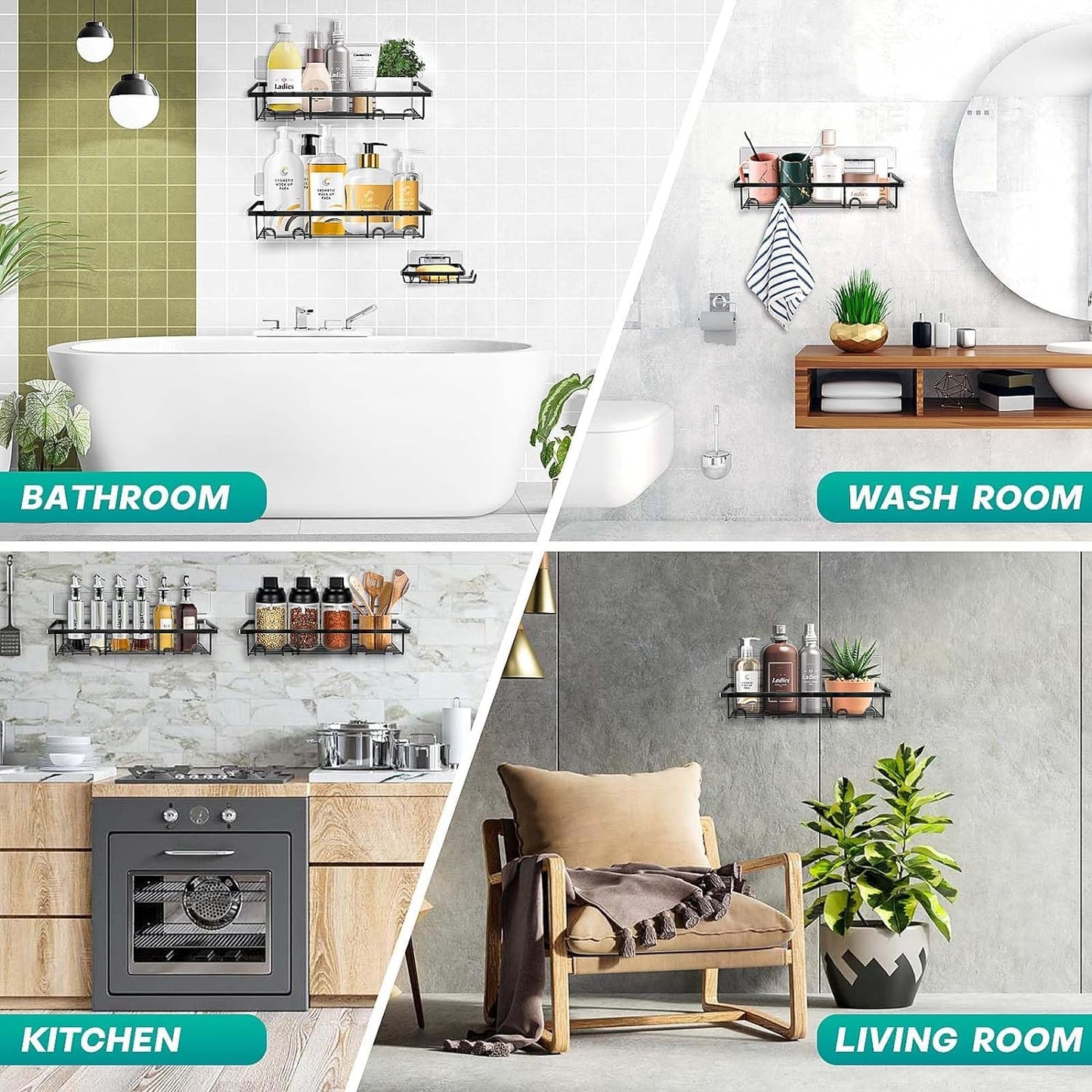 Self-Adhesive Wall Shelf for Bathroom & Kitchen (1 Pack, Black)